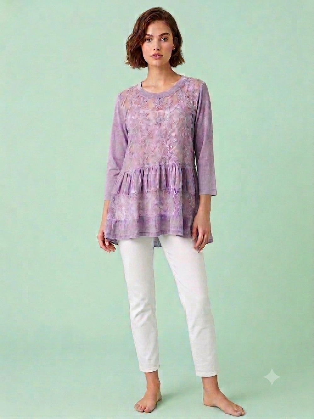 Baba Lavender Floral Embroidered Long-Sleeve Tunic
